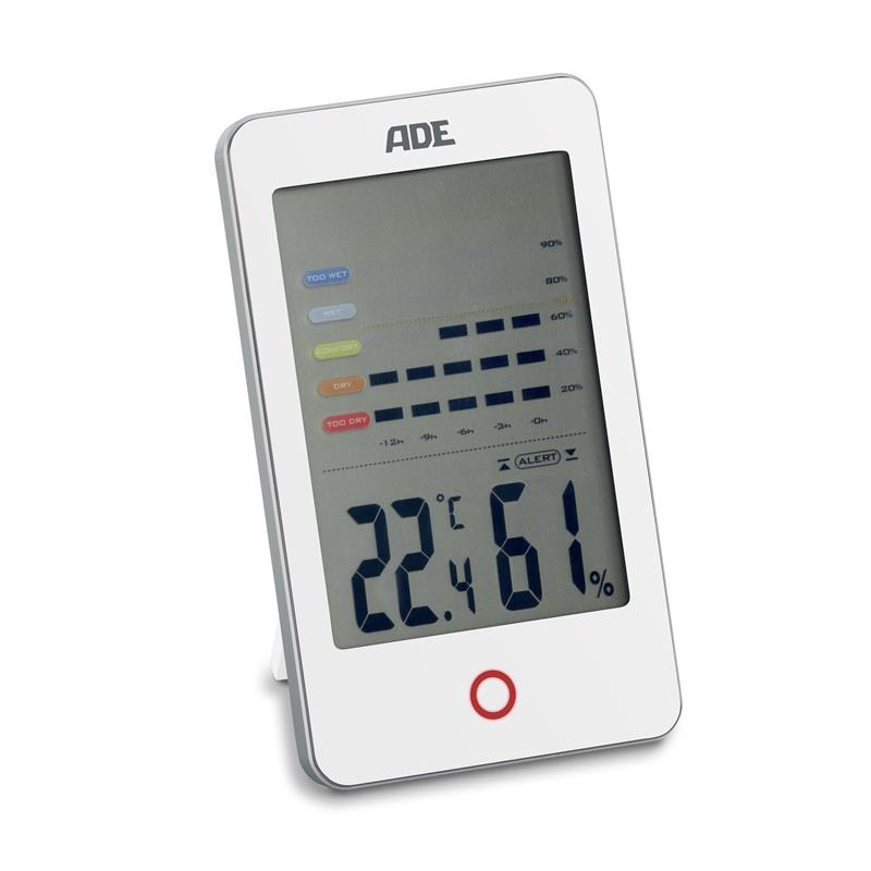 ADE - elektroniczny higrometr/termometr wewnętrzny, 8 x 13,5 x 2 cm, biały