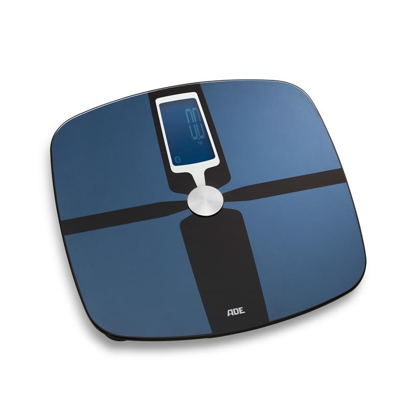 ADE - waga łazienkowa z analizą masy ciała, łączność Bluetooth, do 180 kg, 32 x 33 cm, niebieska FITvigo