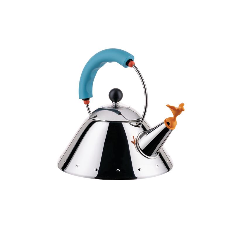 Alessi - czajnik z żółtym gwizdkiem i błękitną rączką 9093