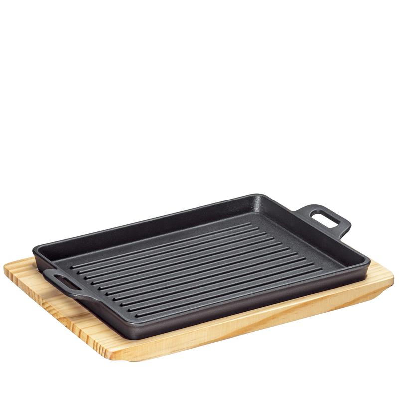 Kuchenprofi - patelnia grillowa na podstawce, 32 x 22 x 3,5 cm, żeliwo/drewno sosnowe BBQ