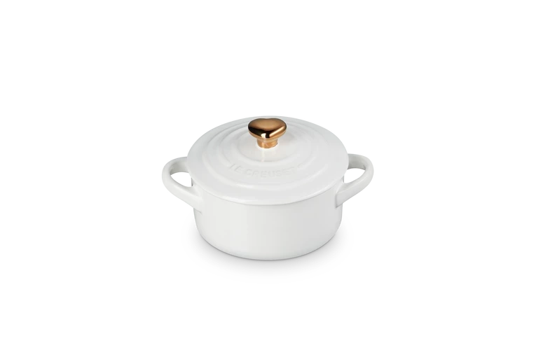 Le Creuset - Mini-Cocotte 10 cm ze złotą gałką serce White