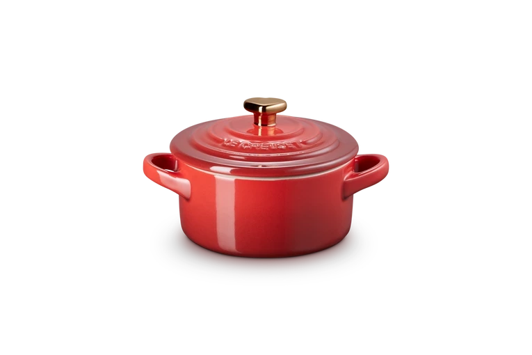 Le Creuset - Mini-Cocotte 10 cm ze złotą gałką serce Wiśniowy