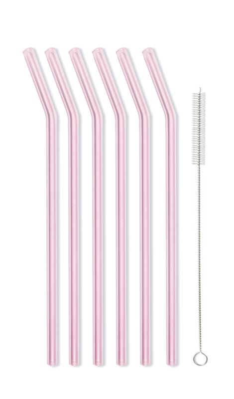 Vialli Design - Słomki szklane różowe zakrzywione 23cm zestaw 6 sztuk ze szczoteczką